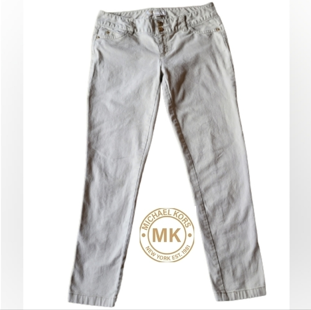 MICHAEL KORS Tan Skinny Jeans, Double Gold Tone Button, Zip Closure